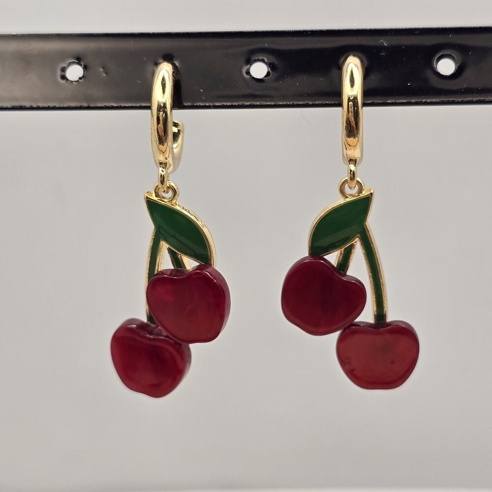 Red Cherry Fruit Stem with Leaf and Cherries Gold Tone Hoop Drop Earrings